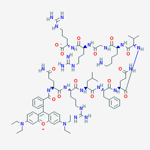 [N-[(4S)-4-[[(2S)-2-[[2-[[(2S)-6-amino-2-[[(2S)-2-[[(2S)-5-amino-2-[[(2S)-2-[[(2S)-2-[[(2S)-2-[[(2S)-5-amino-2-[[2-[3-(diethylamino)-6-diethylazaniumylidenexanthen-9-yl]benzoyl]amino]-5-oxopentanoyl]amino]-5-carbamimidamidopentanoyl]amino]-4-methylpentanoyl]amino]-3-phenylpropanoyl]amino]-5-oxopentanoyl]amino]-3-methylbutanoyl]amino]hexanoyl]amino]acetyl]amino]-5-carbamimidamidopentanoyl]amino]-4-carboxybutyl]carbamimidoyl]azanide